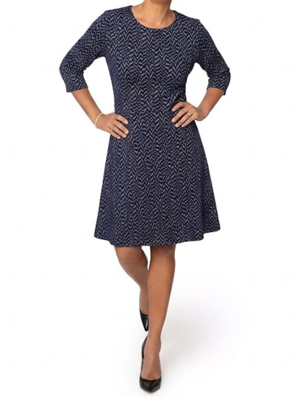 NWOT Leota Navy Gold Knit Dress Abstract Herringbone Fit Flare 3/4 Sleeve Size M
